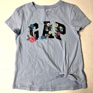 Gap kids T-shirt girls large light blue with logo with flowers and tied bow in f